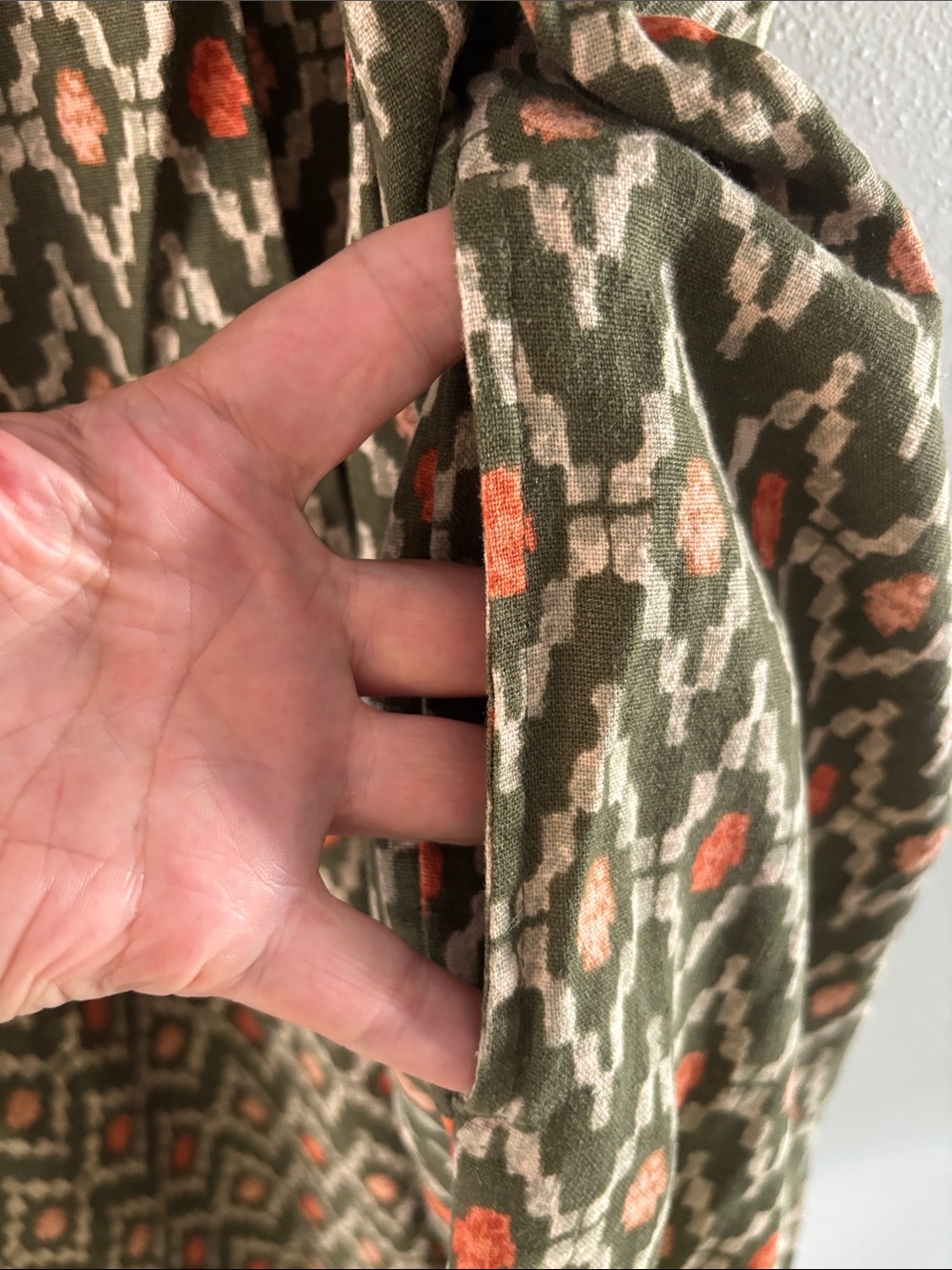 Sonoma Olive Ikat-Print Sleeveless Shift Dress with Orange Accents-Linen Blend- - Picture 4 of 6